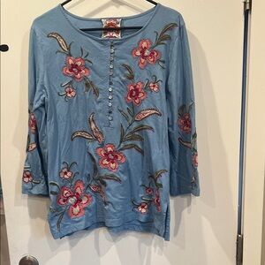Johnny Was Floral Embroidered Blue Top